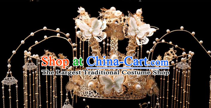 Chinese Xiuhe Suit Hair Accessories Traditional Wedding Bride Hair Crown Lace Butterfly Phoenix Coronet Full Set
