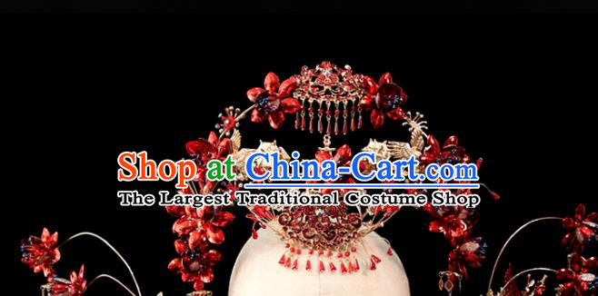 Chinese Wedding Bride Hair Crown Xiuhe Suit Hair Accessories Traditional Red Phoenix Coronet Full Set