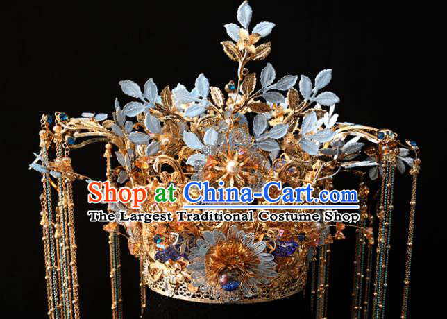 Chinese Traditional Wedding Blue Flower Phoenix Coronet Bride Xiuhe Suit Hair Accessories