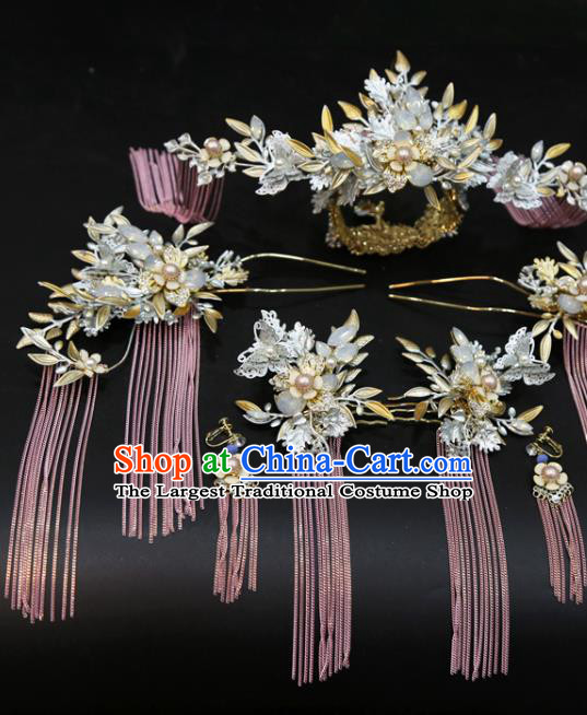 Chinese Traditional Wedding Hair Crown and Pink Tassel Hairpins Xiuhe Suit Headdress Classical Hair Accessories