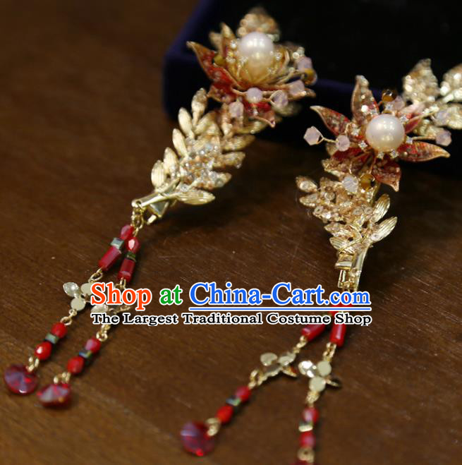 Chinese Traditional Wedding Golden Leaf Hair Sticks Classical Hair Accessories Xiuhe Suit Hairpins