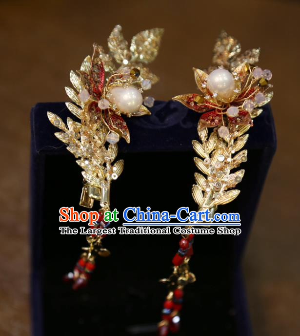 Chinese Traditional Wedding Golden Leaf Hair Sticks Classical Hair Accessories Xiuhe Suit Hairpins