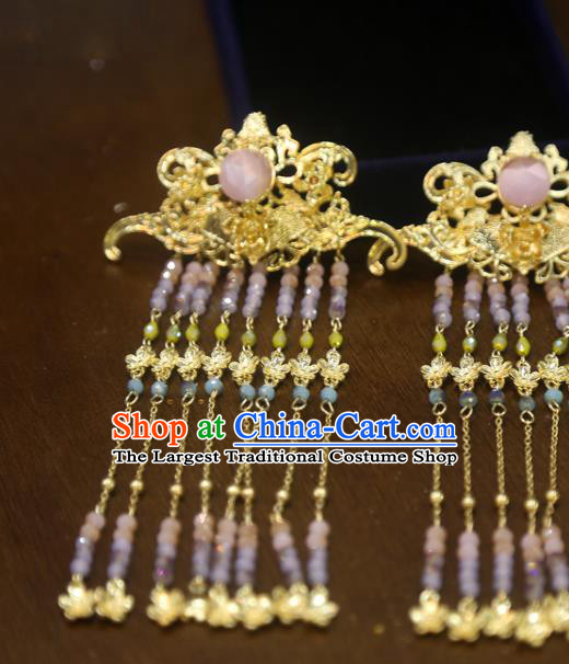Chinese Xiuhe Suit Beads Tassel Hairpins Traditional Golden Hair Sticks Classical Wedding Hair Accessories