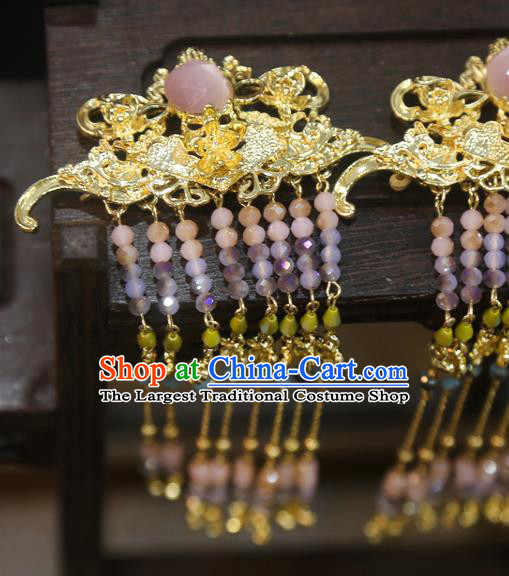 Chinese Xiuhe Suit Beads Tassel Hairpins Traditional Golden Hair Sticks Classical Wedding Hair Accessories