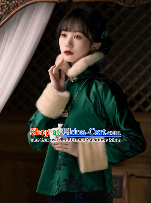 China Tang Suit Green Silk Jacket Traditional Upper Outer Garment Winter Clothing for Women
