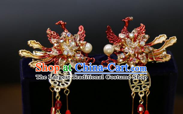 Chinese Wedding Xiuhe Suit Red Beads Tassel Hairpins Traditional Classical Hair Accessories Phoenix Hair Sticks