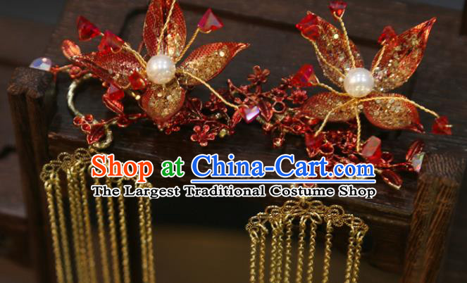 Chinese Wedding Golden Tassel Hairpins Traditional Classical Hair Accessories Xiuhe Suit Red Flower Hair Sticks