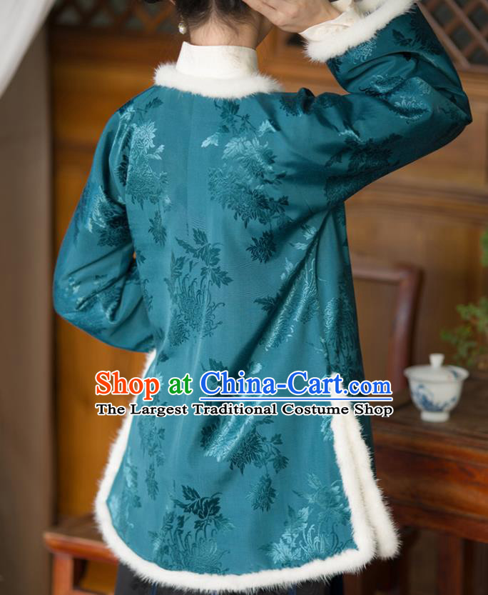 Republic of China Clothing Traditional Upper Outer Garment Blue Silk Coat Chinese Tang Suit Cotton Padded Jacket for Women