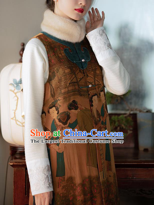 Chinese Traditional Costume Brown Silk Qipao Dress Printing Vest Cheongsam