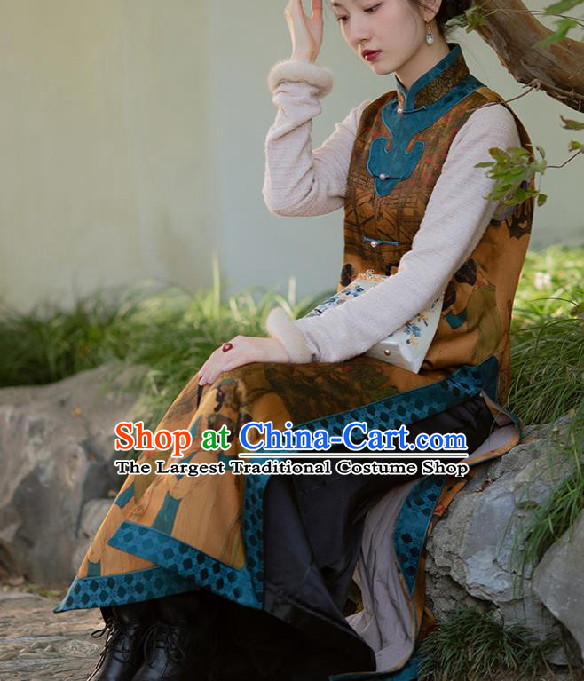 Chinese Traditional Costume Brown Silk Qipao Dress Printing Vest Cheongsam
