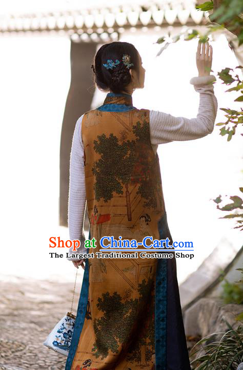 Chinese Traditional Costume Brown Silk Qipao Dress Printing Vest Cheongsam