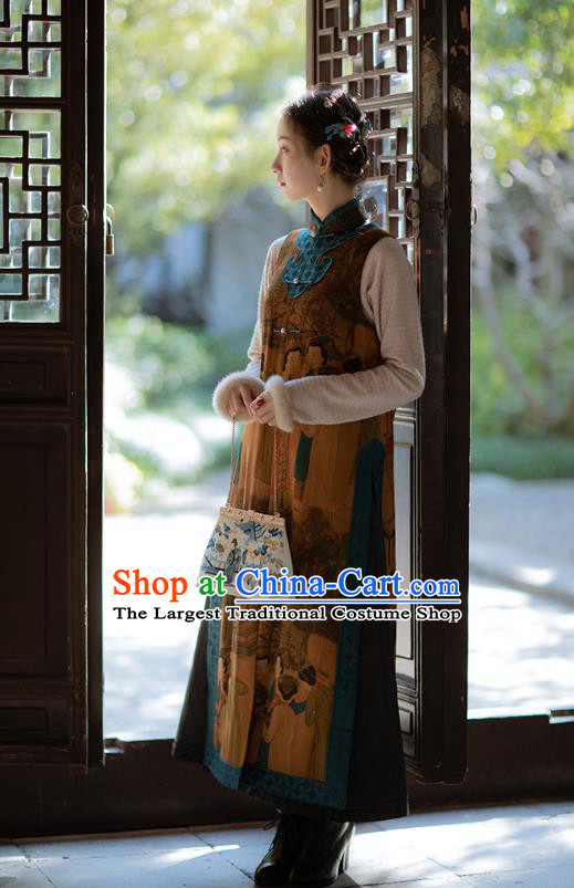 Chinese Traditional Costume Brown Silk Qipao Dress Printing Vest Cheongsam