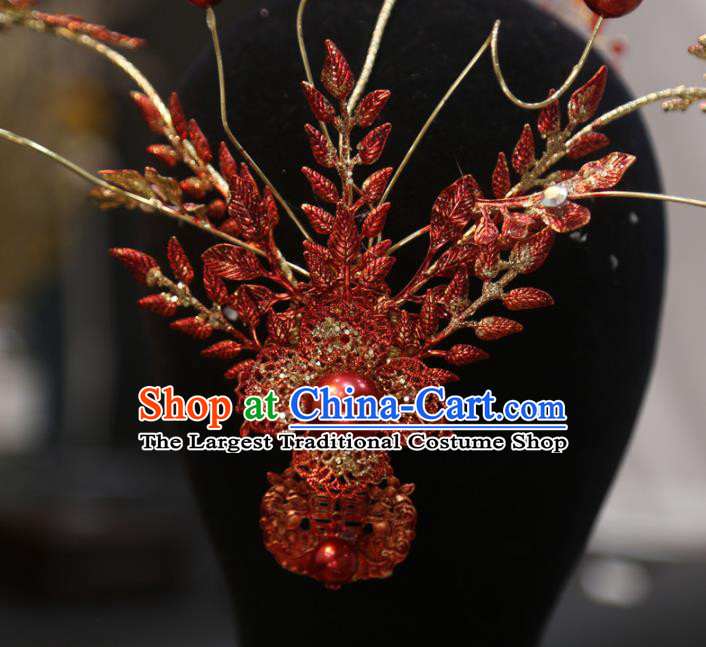 China Handmade Golden Tassel Hair Crown Wedding Hair Jewelry Accessories Traditional Bride Red Phoenix Coronet