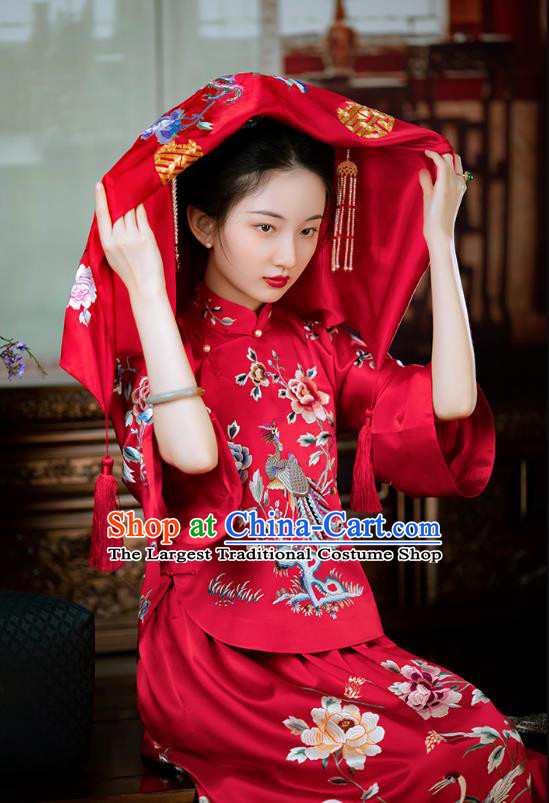 Chinese Handmade Red Bridal Veil Traditional Wedding Embroidered Accessories Classical Headpiece