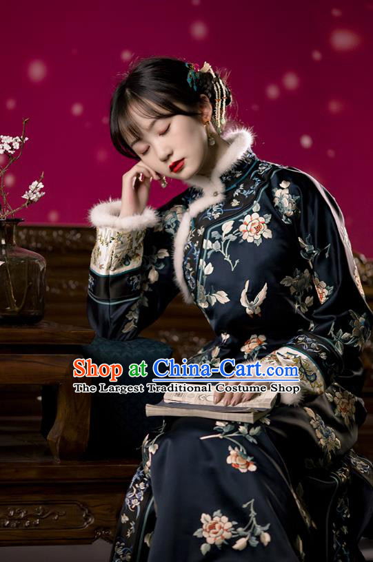 Chinese Traditional Qing Dynasty Costumes Ancient Noble Lady Clothing Winter Embroidered Navy Silk Qipao Dress