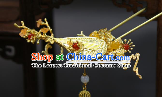 Chinese Wedding Golden Lute Hairpins Traditional Classical Hair Accessories Xiuhe Suit Tassel Hair Stick