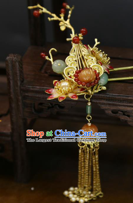 Chinese Wedding Jade Pumpkin Hairpins Traditional Classical Hair Accessories Xiuhe Suit Golden Lute Hair Stick