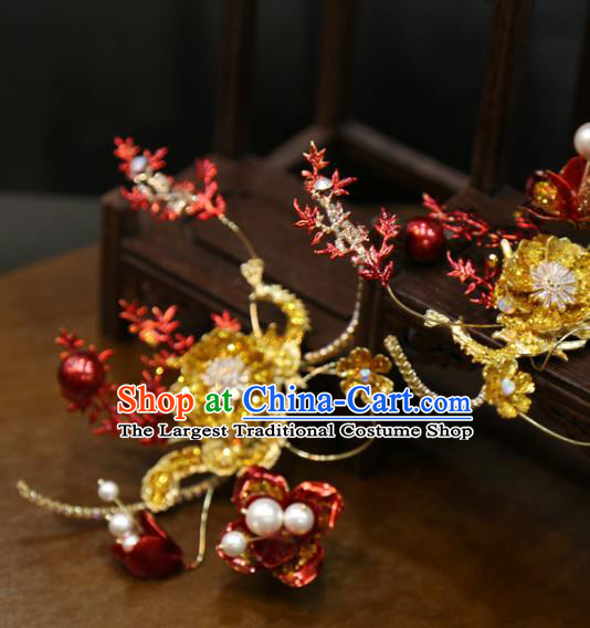 Chinese Xiuhe Suit Red Flower Hairpins Classical Hair Accessories Traditional Wedding Hair Sticks