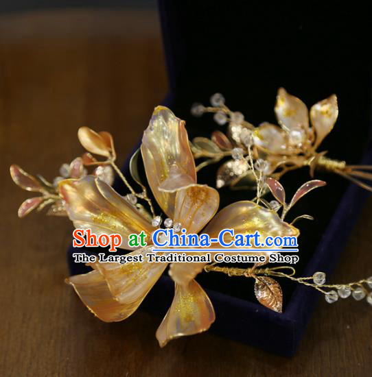 Chinese Xiuhe Suit Hairpin Traditional Classical Hair Accessories Wedding Golden Flower Hair Stick