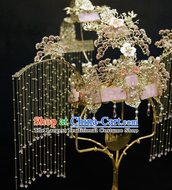 Chinese Wedding Xiuhe Suit Pink Phoenix Coronet Classical Pine Hair Crown Traditional Hair Accessories