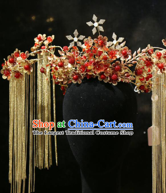 Chinese Xiuhe Suit Hair Crown Traditional Wedding Hair Accessories Classical Red Beads Phoenix Coronet Headpieces