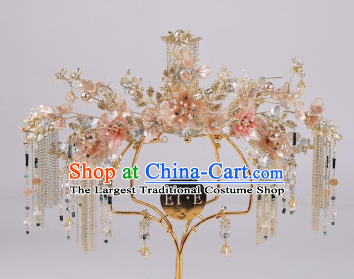 Chinese Pink Flowers Hair Crown Traditional Wedding Hair Accessories Xiuhe Suit Phoenix Coronet Full Set