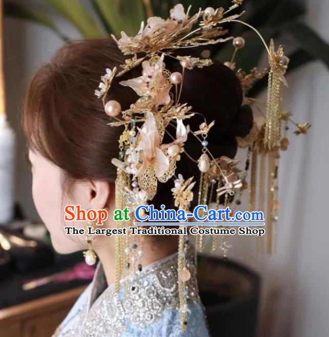 Chinese Pink Flowers Hair Crown Traditional Wedding Hair Accessories Xiuhe Suit Phoenix Coronet Full Set