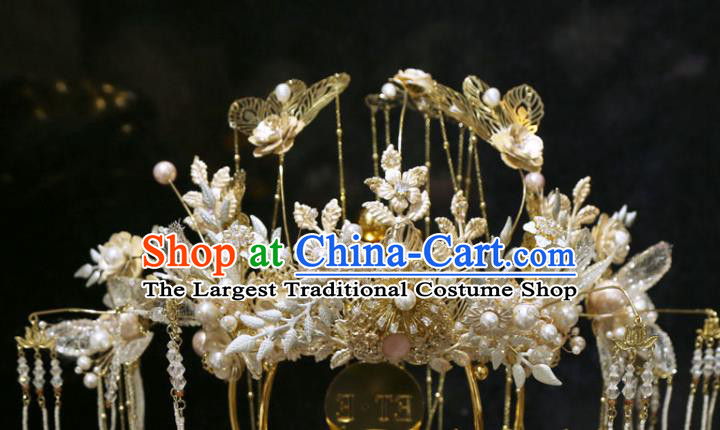 Chinese Traditional Phoenix Coronet Wedding Hair Accessories Xiuhe Suit Lace Flowers Hair Crown Full Set