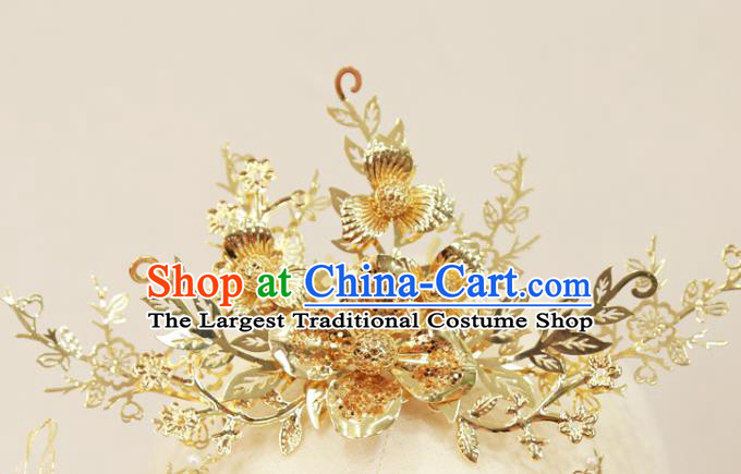 Chinese Traditional Wedding Hair Accessories Xiuhe Suit Golden Flowers Hair Comb Hairpins Full Set