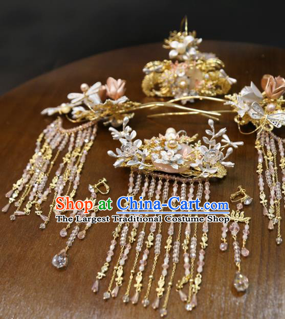 Chinese Traditional Headdress Wedding Hair Accessories Xiuhe Suit Golden Hair Crown and Tassel Hairpins Full Set