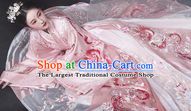 China Traditional Jin Dynasty Princess Pink Hanfu Dress Ancient Palace Lady Embroidered Clothing Complete Set