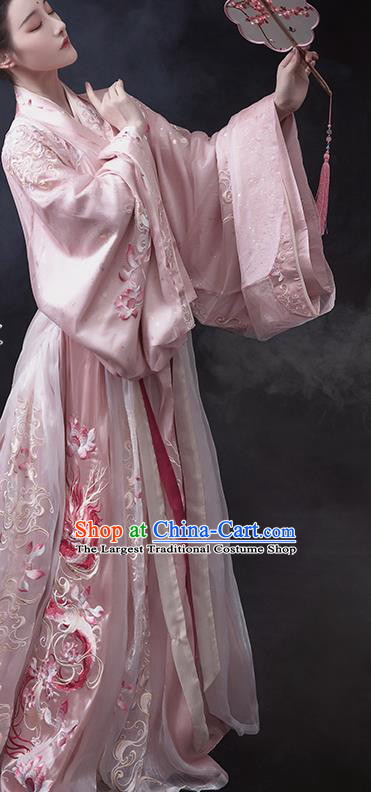 China Traditional Jin Dynasty Princess Pink Hanfu Dress Ancient Palace Lady Embroidered Clothing Complete Set