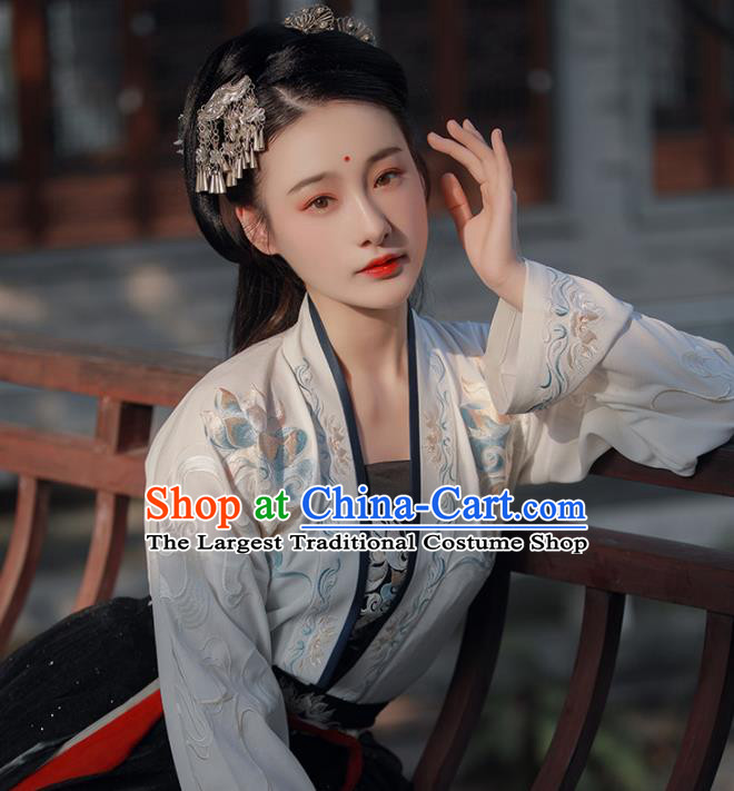Traditional China Tang Dynasty Court Lady Clothing Ancient Embroidered Hanfu Dress White Cloak Blouse and Skirt Full Set