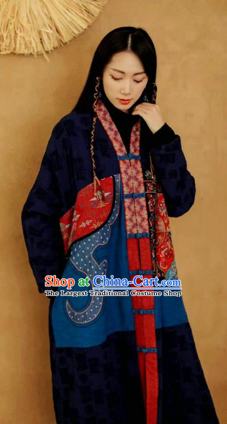 China National Women Dust Coat Traditional Embroidered Costume Tang Suit Navy Flax Overcoat