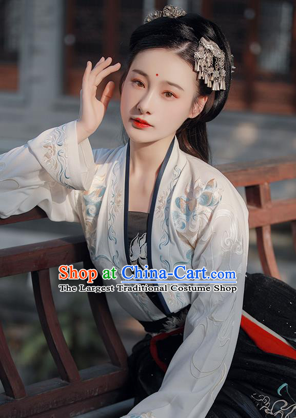 Traditional China Tang Dynasty Court Lady Clothing Ancient Embroidered Hanfu Dress White Cloak Blouse and Skirt Full Set