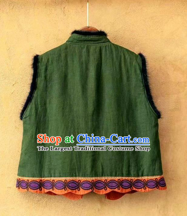 China National Green Flax Waistcoat Guizhou Ethnic Embroidered Vest Women Traditional Tang Suit Upper Outer Garment Clothing