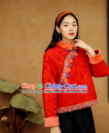 China Tang Suit Red Flax Cotton Padded Jacket National Women Overcoat Traditional Winter Top Costume