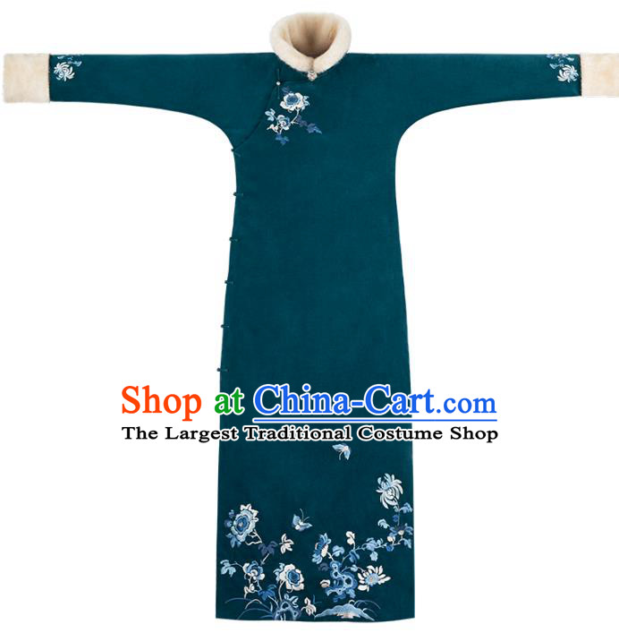 Chinese Winter Deep Green Cheongsam Traditional Women Costume Classical Embroidered Qipao Dress