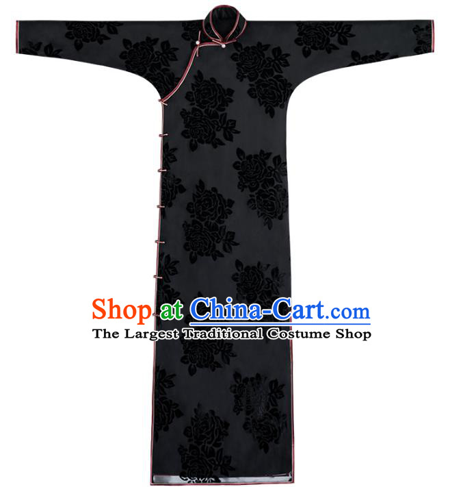 Chinese National Women Cheongsam Traditional Costume Classical Black Velvet Qipao Dress