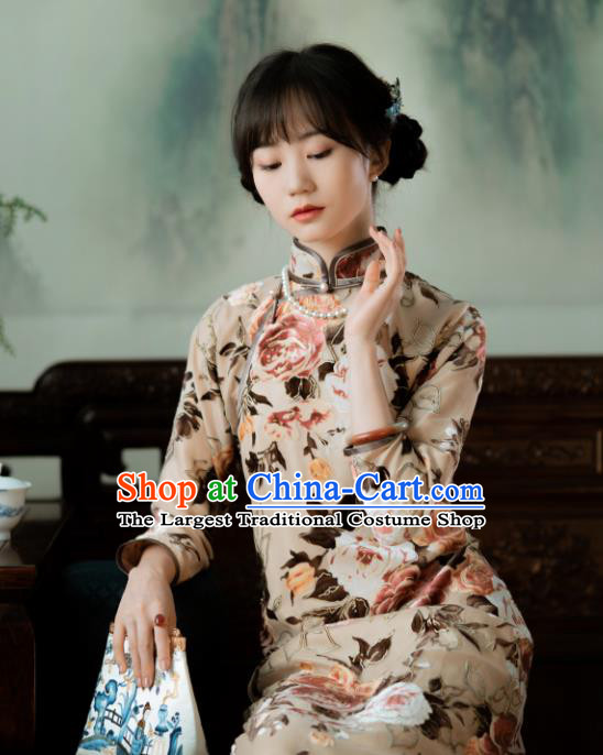 Chinese Classical Printing Peony Beige Qipao Dress National Women Cheongsam Traditional Costume