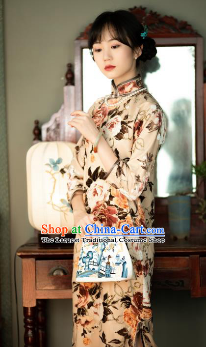 Chinese Classical Printing Peony Beige Qipao Dress National Women Cheongsam Traditional Costume