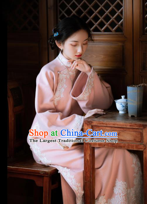 Chinese Classical Qipao Dress National Women Embroidered Pink Woolen Cheongsam Traditional Costume