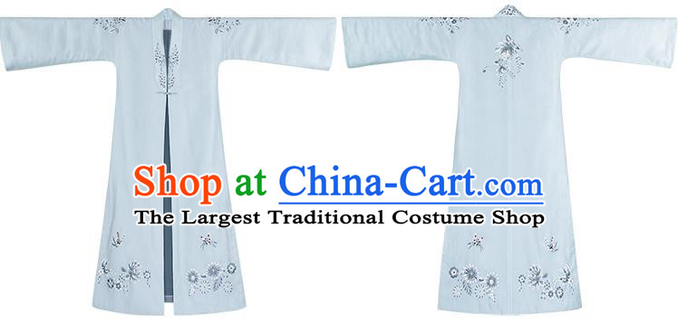 Traditional Chinese Qing Dynasty Noble Lady Blue Cloak Embroidered Dust Coat for Women