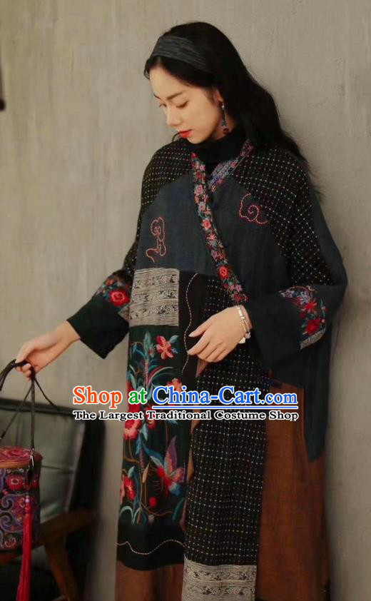 China National Flax Dust Coat Women Tang Suit Embroidered Coat Traditional Dress Costume