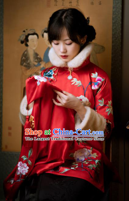 Chinese Traditional Wedding Red Silk Cotton Padded Coat Tang Suit Embroidered Jacket for Women