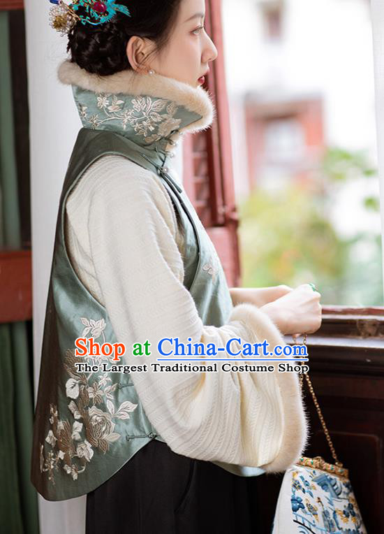 Chinese Tang Suit Waistcoat Traditional Embroidered Green Silk Vest National Women Clothing
