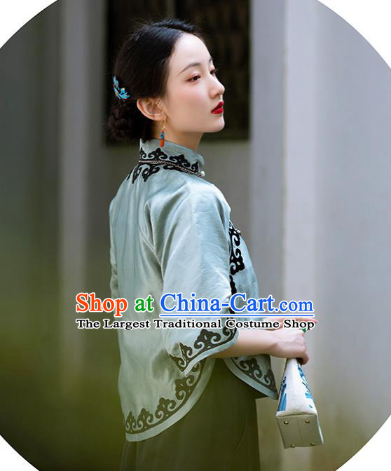 Chinese Traditional Green Silk Shirt Tang Suit Upper Outer Garment Embroidered Blouse for Women