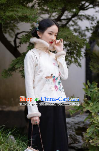 Chinese Tang Suit Embroidered Mandarin Duck Waistcoat Traditional National Women Clothing Classical White Vest