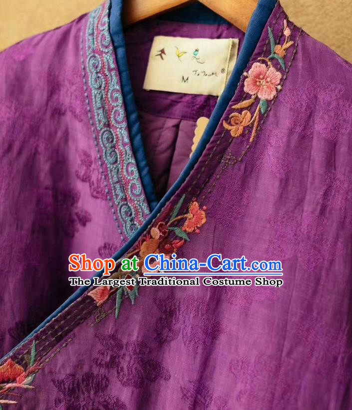 China Traditional Embroidered Winter Costume National Purple Flax Cotton Padded Jacket Women Tang Suit Over Coat
