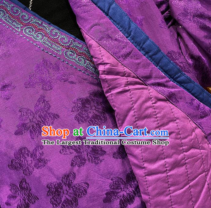 China Traditional Embroidered Winter Costume National Purple Flax Cotton Padded Jacket Women Tang Suit Over Coat